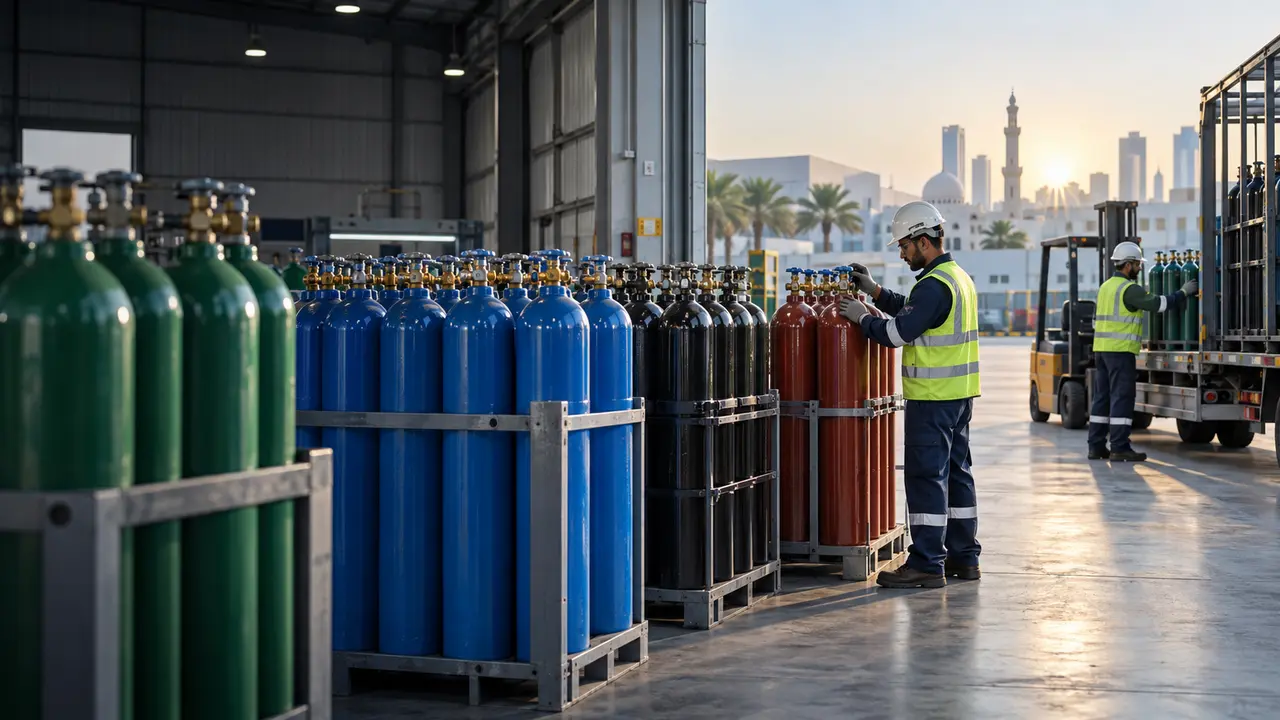 Mixed industrial gas cylinders in secure warehouse racks