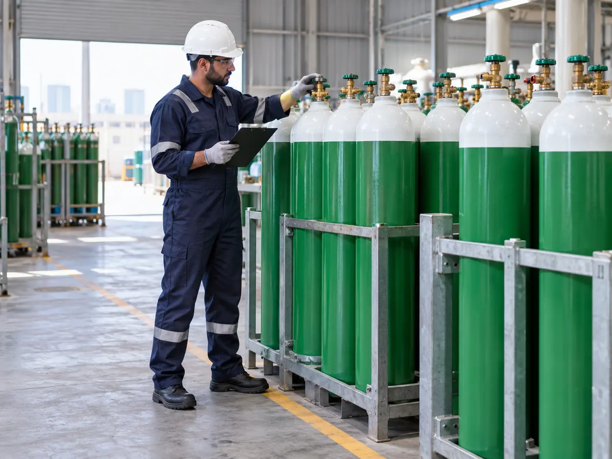 Technician inspecting upright oxygen cylinders