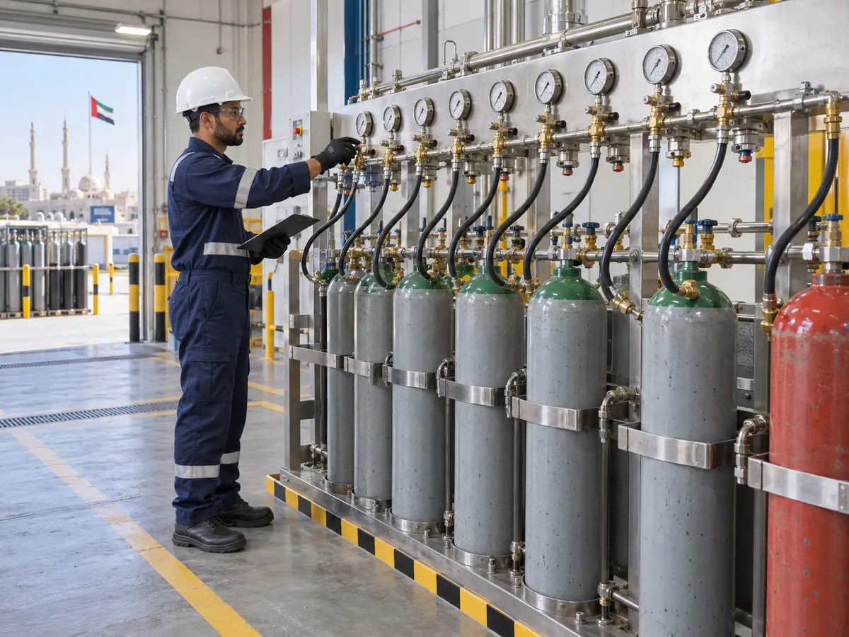 Technician operating a gas cylinder refilling manifold
