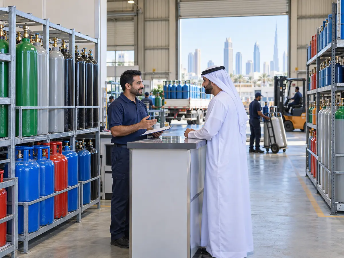 Gas supply discussion inside an organized UAE cylinder warehouse
